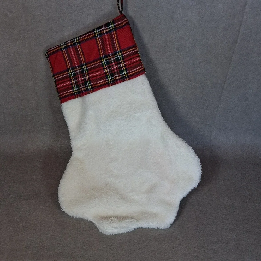 Red Plaid Dog Paw Christmas Stocking Sherpa Fleece with Bone Charms Holiday